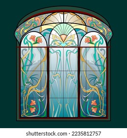 Beautiful colorful Art Nouveau stained glass window. Exclusive offer for luxury interior. Jugendstil architectural style. Decoration for wallpaper, banner, background. Architecture in Western Europe.