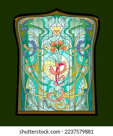 Beautiful colorful Art Nouveau stained glass window. Exclusive offer for luxury interior. Jugendstil architectural style. Decoration for wallpaper, banner, background. Architecture in Western Europe.