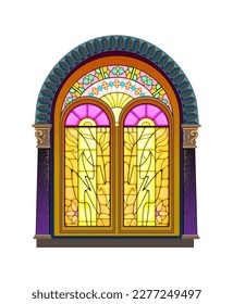 Beautiful colorful Art Nouveau stained glass window. Exclusive offer for luxury interior. Jugendstil architectural style. Decoration for wallpaper, banner, background. Architecture in Western Europe.