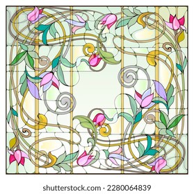 Beautiful colorful Art Nouveau stained glass window. Template for exclusive luxury interior. Jugendstil architectural style. Design for wallpaper or decoration. Architecture in Western Europe.