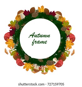 A beautiful colorful autumn frame with a lot of mushrooms and autumn leaves, pine cones and fresh green pine branches. You can remove the text and put here your own.