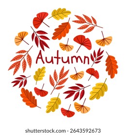Mooie en kleurrijke herfstbladeren gerangschikt in een cirkelvormig ontwerp voor seizoensdecoratie