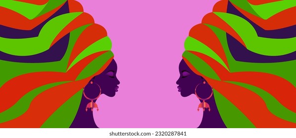 schönes bunter Banner afrikanischer Frauen auf traditionellem türkischem Hintergrund, afrikanische Kopfbedeckung, traditionelle schwarze Frau, Vektorsilhouette Mode-Frisur und Beauty-Concept-Hintergrund