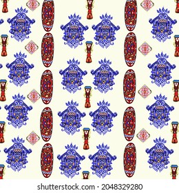 Beautiful colorful batik motif with tifa musical instrument pattern and native papua shield pattern.