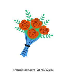 A Beautiful and Colorful Bouquet Comprising of Vibrant Orange Roses with Green Leaves