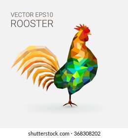 Hermoso gallo de polígono colorido y brillante. Ilustración vectorial para el diseño gráfico.