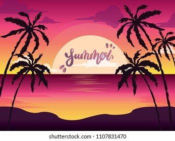 A beautiful colorful bright purple sunset on a beach with a sea view. Palm trees silhouette vector. Vector illustration. Summer mood. Lettering vector