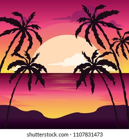 A beautiful colorful bright purple sunset on a beach with a sea view. Palm trees silhouette vector. Vector illustration. Summer mood.