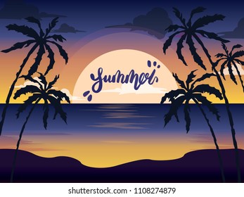 A beautiful colorful bright purple sunset on a beach with a sea view. Palm trees silhouette vector. Vector illustration. Summer mood. Lettering vector