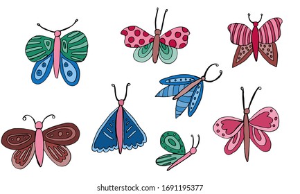 Beautiful colorful butterfly isolated on a white background. Hand drawing line vector sketch