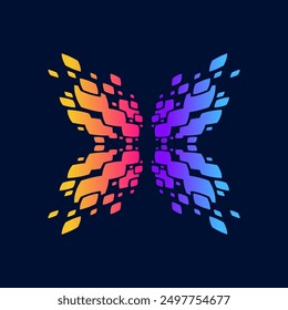 Hermosa mariposa colorida compuesta de píxeles que se dispersan alejándose de ella. Puede ser utilizado por las empresas tecnológicas como un logotipo o para utilizar como elemento futurista en proyectos de Diseño gráfico.