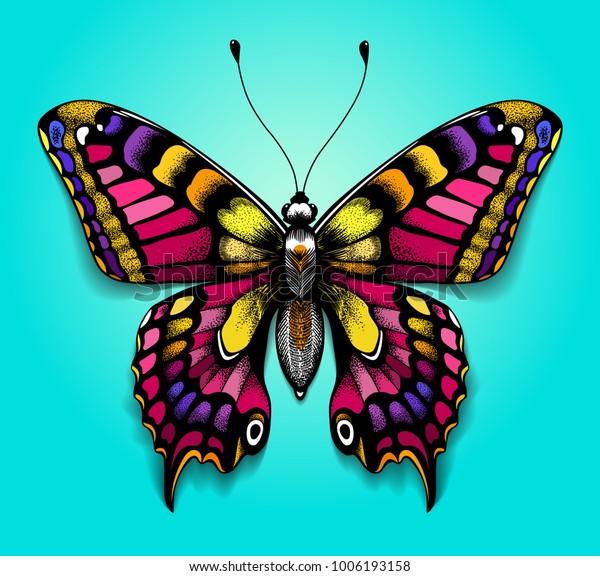 青の背景に美しいカラフルな蝶 背中の明るい入れ墨 熱帯のリアルな蝶 蝶のイラスト チョウ のベクター画像素材 ロイヤリティフリー