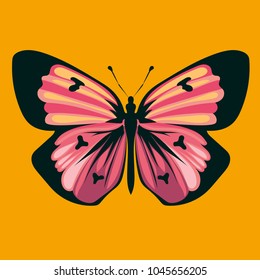 Beautiful colorful butterfly on a yellow background. Vector illustration. Pink flat butterfly.