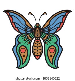 Beautiful colorful butterfly vintage concept on white background isolated vector illustration