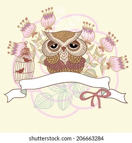 Beautiful colorful card with cute owl. Bright illustration, can be used as creating card,invitation card for wedding, birthday and other holiday and summer background.
