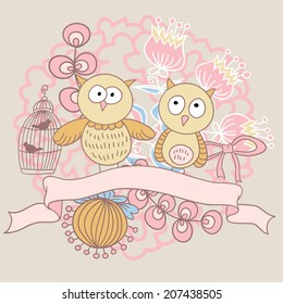 Beautiful colorful card with cute owls. Bright illustration, can be used as creating card,invitation card for wedding, birthday and other holiday and summer background.
