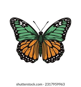 Beautiful colorful cartoon exotic vector isolated on white pastel green butterfly with colorful wings and antennae sticker flat design