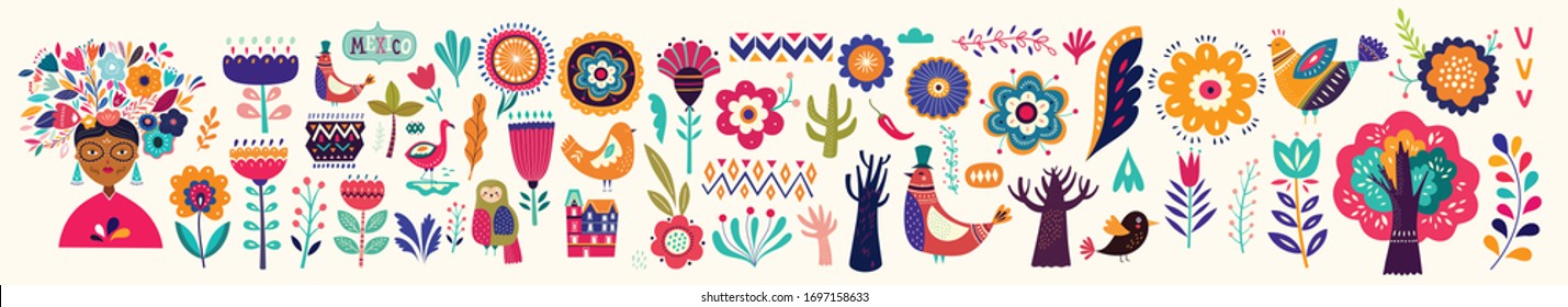 Beautiful colorful cartoon floral collection with leaves, flowers, tree and birds. Mexican ethnic pattern	