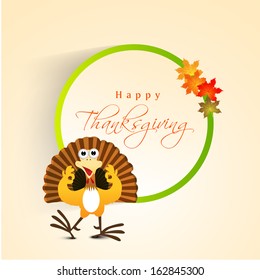 Beautiful, colorful cartoon of turkey bird with autumn leaves for Happy Thanksgiving celebration, can be use as flyer, poster or banner. 