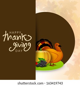 Beautiful, colorful cartoon of turkey bird for Happy Thanksgiving celebration on maple leaves background, can be use as flyer, poster or banner. 