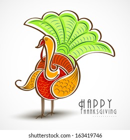 Beautiful, colorful cartoon of turkey bird for Happy Thanksgiving celebration on grey background, can be use as flyer, poster or banner. 