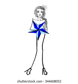 Beautiful colorful christmas vector illustration of one woman in new year dress of decorative blue star on white backdrop