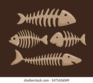Beautiful colorful clip arts set with cartoon fish bones on the brown background