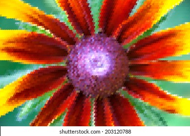 Beautiful colorful closeup background with Echinacea flower like sunflower. Mosaic texture. Vector illustration of natural material. Eco style. Web and mobile template