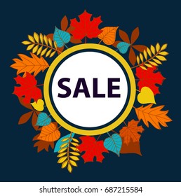 Beautiful colorful composition of autumn leaves on the dark background. Sales autumn banner. Vector illustration