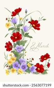 Beautiful colorful composition of photorealistic Bluebells, Cosmea, Buttercups flowers for special moments. March 8, mother's day, birthday vector greeting card with space for text