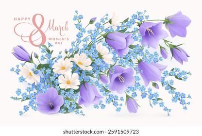 Beautiful colorful composition of photorealistic Bluebells, Cosmea, forget-me-not flowers for special moments. March 8, mother's day, birthday vector greeting card with space for text