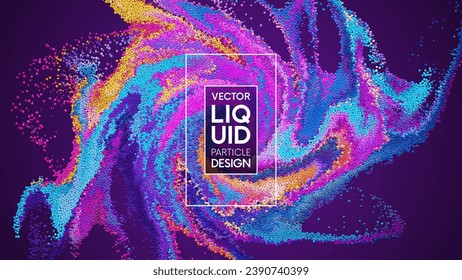 Hermosas partículas dinámicas de neón cósmico coloridas fluyendo y girando. Diseño artístico de portada de fluidos creativos de moda para pancartas, volantes, afiches. Partículas vibrantes de mezcla abstracta. Ilustración del vector