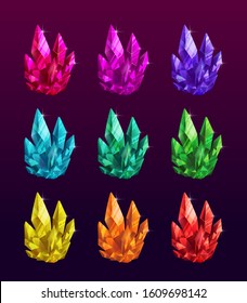 Beautiful colorful crystals set. Ruby, emerald, sapphire, brilliant gemstones for game design. Purple, pink, red, yellow, green, blue gems icons collection. Vector rainbow precious stones.