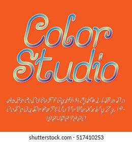 Beautiful colorful curly font, italic type. Isolated english alphabet of capital and lowercase letters with numbers and punctuation marks. Color Studio text lettering.