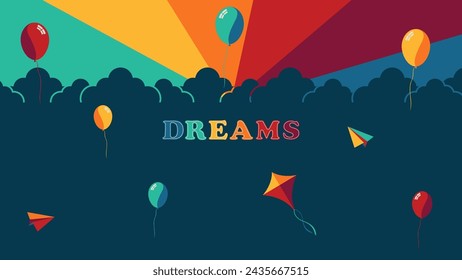 Beautiful colorful design for children with rainbow, clouds, balloons, paper dragon, and paper airplane, suitable for children's day invitations.