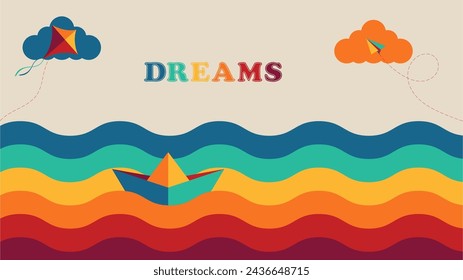 Beautiful colorful design with rainbow, clouds, paper sip, paper dragon, and paper airplane, suitable for children day invitations.