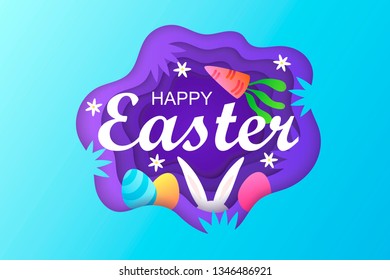 Beautiful colorful easter background. 3d design. Paper waves. Cartoon vector illustration.