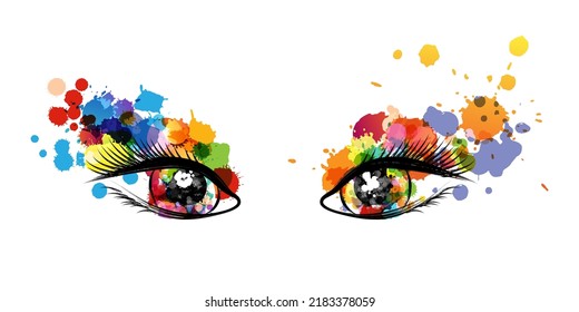 Beautiful colorful eyes with rainbow paint splash decorative elements. Conceptual vector illustration in artistic style.