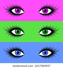 Beautiful colorful eyes of woman with long eyelashes, set in bright vibrant colors. Creative design for cosmetic products for eyelash care and makeup, beauty and fashion concept