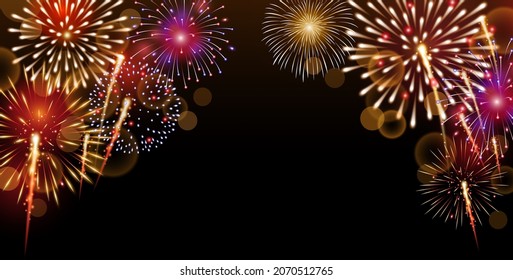 Beautiful Colorful Fireworks with bokeh on dark background, vector illustration