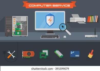 Beautiful Colorful Flat Vector Banner On The Theme: Assembling A Desktop Computer, Buy Computer Equipment, Repair Computer, Cleaning Computer.  Components With Graphic Card, Processor, RAM And SSD.