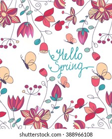 beautiful colorful floral background pattern with flowers and sprigs with butterflies and the words Hello spring on white background