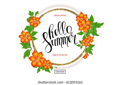 Beautiful and colorful floral frame for Summer Season, Typography Vector Illustration. Sale banner.