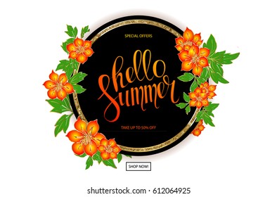 Beautiful and colorful floral frame for Summer Season, Typography Vector Illustration. Sale banner.
