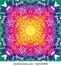 Beautiful colorful floral pattern white mandala. Rainbow background seamless mandala. Beautiful ethnic ornament. eps10. Hand drawn Indian ornament.