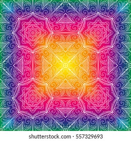 Beautiful colorful floral pattern white mandala. Rainbow background seamless mandala. Beautiful ethnic ornament. eps10. Hand drawn Indian ornament.