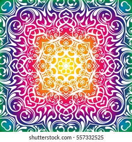 Beautiful colorful floral pattern white mandala. Rainbow background seamless mandala. Beautiful ethnic ornament. eps10. Hand drawn Indian ornament.