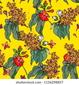 beautiful colorful floral seamless pattern of lilac branch and geraniums on a bright yellow background. hand-drawn illustration