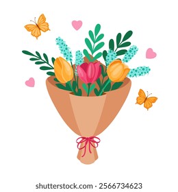 A Beautiful and Colorful Flower Bouquet Featuring Butterflies and Charming Hearts. Isolated. Vector illustration.