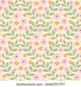 Beautiful colorful flower and leave seamless pattern.Abstract background surface texture background.Nature botanical nordic folk illustration.Vintage design for fabric,summer, spring,celebration,decor